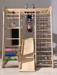 Wooden Playground For Kids Home Gymnastic Indoor Gym Climbing Ladder Swing Slide And Rings In 2020 Indoor Playroom Diy Kids Playground Indoor Playground Diy