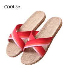 Us 7 73 14 Off Coolsa Women Summer Cross Belt Gradient Color Linen Slippers Flat Eva Soles Flax Non Slip Indoor Flax Slippers Beach Flip Flops In