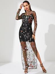 Botanical Embroidered Mesh Overlay Dress Shein Sheinside Leotard Fashion Overlay Dress Mesh Overlay Dress