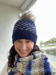 Blue and Beige Striped Hand Knit Long Scarf