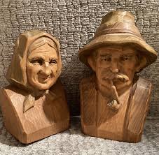 Black Forest Wood Carvings Man And Woman Bust (H-4.5/5”)