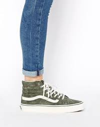 Vans Sk8 Hightop Sneakers Olive Green And White With Images Vans Sk8 Hi Slim Shoes Cute Shoes