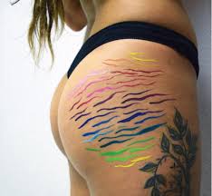 Stretch marks (often associated with pregnancy but which can also afflict all women as well as men) can also appear on the arms, thighs, and buttocks and even the hips and lower back. 55 Times Stretch Marks And Other Flaws Were Transformed Into Beautiful Works Of Art