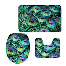 Hugsidea Beautiful Peacock 3 Piece Bathroom Rug Set Bath Mat Contour Rug Lid Cover Soft Flannel Absorbent Doormat Bath Rug Bathroom Floor Mat Bathroom Mat Sets