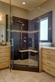 Check spelling or type a new query. Spacious Glass Wall Shower With Large Blue Tile Interior Built In Bench Seat And Mosaic Tile Accent Stripe Hgtv