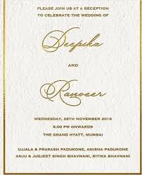 Deepika Padukone Ranveer Singh To Host Grand Wedding Reception In Mumbai Details Inside Hungryboo Wedding Invitation Card Design Wedding Invitation Card Template Reception Invitations