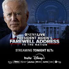 TONIGHT: Pres. Joe Biden will give his last Oval Office address as he  prepares to hand over power to Pres.-elect Donald Trump and exit politics  after a decades-long career. Watch ABC News