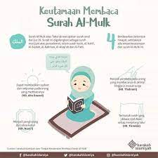 Surat al mulk dianjurkan untuk dibaca setiap hari khususnya sebelum tidur sebagaimana yang disebutkan dalam hadist berikut dalam surat al mulk disebutkan bahwa orang yang taat pada allah adalah orang yang tetap taap meskipun tidak ada yang melihat sebagaimana dalam firman allah swt. 2 Kebaikan Kepada Pembaca Surah Nadi Quranic Lc Kiulap Facebook