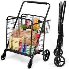 It offers wheels for easier mobility and the structure is strong and durable. Gymax Heavy Duty Folding Shopping Cart Utility Jumbo Double Basket 330lbs
