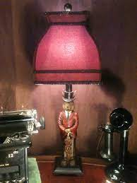 Antique Rabbit Lamp Burgundy Suede Lampshade Suit Tie Top Hat Umbrella 26 Inches Tall Bunny Lamp Novelty Lamp Lamp