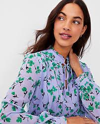 Ann Taylor Floral Pintucked Ruffle Tie Neck Top