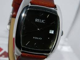 Details About Mens Relic Folio Cushion Shape Steel Finish Khaki Brown Dial Strap Watch