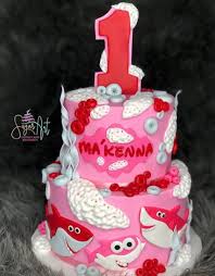 Baby Shark Cupcake Cake 1st Birthday Pink Baby Shark 1st Birthday Cake Made With Satin Ice Sugar Art Custom Cakes Shark Birthday Cakes Holiday Cake Decorating Cake