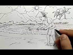 Sketsa gambar petani menanam padi. Gambar Kartun Sawah