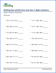 Grade 3 Addition Worksheet Adding Two Whole Tens And Two 1 Digit Numbers Math Addition Worksheets Addition Worksheets Free Math Worksheets