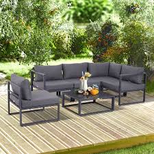 outsunny 6 tlg gartengarnitur gartenset sitzgruppe gartenmobel alu 4 x sessel 1 x ecksofa 1 x beistelltisch kissen fur 4 5 personen grau sitzgruppe gartenmobel lounge gartenmobel
