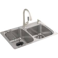 They have one drain and one faucet. Kohler All In One Double Bowl 33 In X 22 In X 9 In Deep Stainless Steel Kitchen Sink Kit Top Under Mount Country Farm Garden