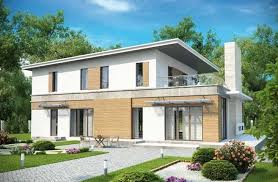 Terraza de madera con la opinión del mar. Fachada De Casa Moderna Con Oficina Planos De Casas Fachadas De Casas Modernas Plano De Casa Moderna