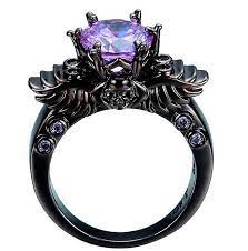 Black Gold Filled Winged Skull Ring With Purple Cubic Zirconia Stones Black Gold Ring Black Gold Jewelry Skull Wedding Ring