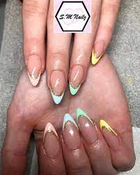 Almond Shaped Pastel Multi Color Acrylic French Nails Tips With Gold Glitter For Spring 2020 Multicolored Nails Spring Acrylic Nails Acrylic Nails Almond Shape