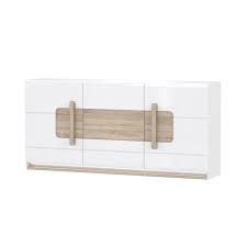 Buffet contemporain gris en microfibre 133 x 95 x 53. Buffet 3 Portes Blanc Laque Et Decor Chene Naturel Alexiane