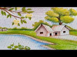 Love birds scenery drawing with oil pastels / moonlight drawing. How To Draw Scenery Of Rainy Season Landscape Step By Step Youtube