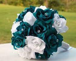Burnt orange and dark teal are the perfect combo for a warm, fall wedding. 2pc Set Teal White Bridal Wedding Vows Renewal Prom Bouquet Boutonniere Ebay Prom Bouquet Teal Wedding Flowers Prom Flowers Bouquet