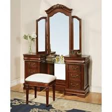 Acme 3 Pc Classique Collection Cherry Brown Finish Wood Make Up Vanity Dressing Table Set With Tri Fold Bedroom Vanity Set Dressing Table Set Vanity Table Set