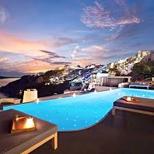Santorini Greece Luxury Hotel Infinity Pool During Sunset Twilight Dusk Night Santorini Hotels Santorini Katikies Hotel Santorini