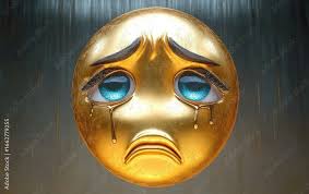 Golden sad face emoji with large blue ...