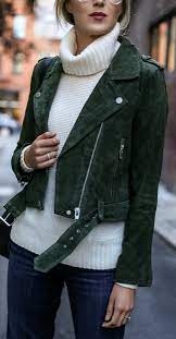 Hunter Green Suede Moto Jacket Medium Wash Flare Leg Jeans Ivory Chunky Knit Cowl Neck Sweater Fashion Jacket Outfits Flare Leg Jeans