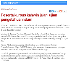Kursus pra perkahwinan islam (kppi), pejabat agama islam daerah kuala langatdi uruskan oleh kelab kakitangan pejabat agama islam daerah kuala langat (klicc) di bawah seliaan jabatan agama islam selangor (jais) melalui persatuan pegawai hal ehwal islam selangor(pehias). Ujian Kefahaman Islam Sebelum Dan Selepas Kursus Perkahwinan Sudah Diwartakan Tetapi Masih Belum Dilaksanakan