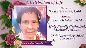 Death Announcement of Alexandrine Lamothe also known as Didin or Mama of  Pointe Michel, Dominica but last resided at Gunthorpes, Antigua