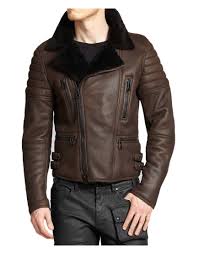 Men S Classic Motorcycle Asymmetrical Brown Leather Shearling Jacket Ujackets Pilot Leather Jacket Mens Shearling Jacket Leather Jacket Men