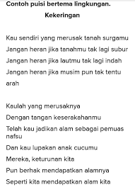 Kali ini kita belajar geguritan yang fokus kepada tema lingkungan, di sini kita akan lebih fokus lagi mengenai contoh geguritan jawa yang bertema lingkungan baik di lingkungan. Tuliskan Contoh Puisi Singkat Bertema Lingkungan Brainly Co Id