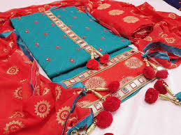 Yes, some color combinations are typically associated with a certain time of year or around a particular holiday. Buy Firozi Red Color Combination Pure Cotton Embroidered Dress Material With Beautiful Dupatta