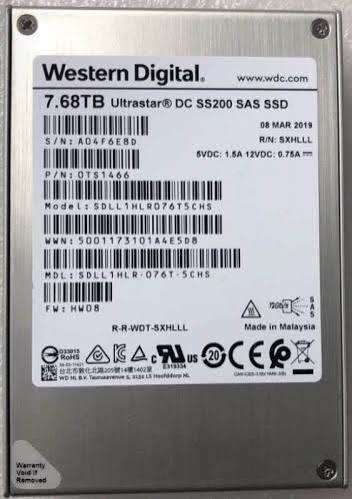 Disco Solido 7.68TB SAS SSD  Western Digital WD 0TS1466  Modelo SDLL1HLR-076T-5CHS  retirado de equipo