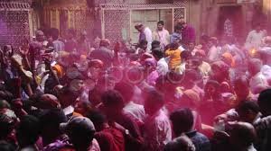 Pan Shot Of People Celebrating Holi Festival At Banke Bihari Temple Stock Footage Ad Celebrating Holi People Pan Holi Festival Panning Shot Holi