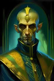 ebony priest, bald, evil, with yellow..."