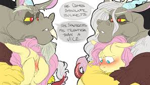 2530911 - suggestive, artist:snspony, discord, fluttershy, draconequus,  pegasus, pony, g4, blushing, butterscotch, covering eyes, embarrassed, eris,  female, implied cum, implied sex, looking down, male, r63 paradox, rule 63,  self paradox, self ponidox,