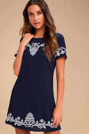 Tale To Tell White And Navy Blue Embroidered Shift Dress Embroidered Shift Dress Short Sleeve Shift Dress Lace Shift Dress