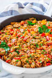 Italian Sausage And Rice Casserole With Peppers Everyhting Cooks In One Pan Even Th Healthy Sausage Recipes Sausage Casserole Recipes Italian Sausage Recipes