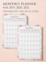 Monthly Planner For 2019 2020 2021 Size A4 A5 Letter Printable Pdf This Listing Is For A Digital File After Che In 2020 Monthly Planner Planner Printable Planner