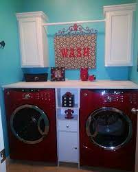 The Hubby Painted Our Laundry Room I M In Love With This Shade Of Aqua Against My Red Appliances Laundry Room Laundry Room Design Small Laundry Room