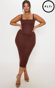 Plus Chocolate Brown Ribbed Square Neck Midi Dress Flattering Plus Size Dresses Plus Size Dresses Plus Size Cocktail Dresses