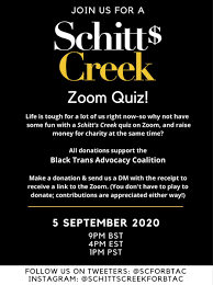 There was a time though. Schitt S Creek Fans Zoom Quiz Fundraiser Scforbtac Twitter