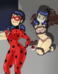 ladybug (character), marinette dupain-cheng, miraculous ladybug, 2girls,  angry, barefoot, bdsm, black hair, blue eyes, bodysuit, bondage, bound,  bra, breasts, city, dual persona, evil smile, feet, female focus, gag,  gagged, hand on own