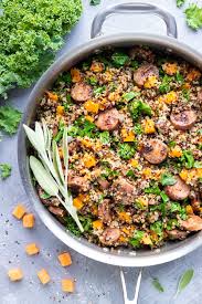 It's ideal for winter evenings and it takes less than an hour to cook. One Pot Sausage Kale Sweet Potato Quinoa Evolving Table