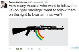 Perennial gronklord george christensen is being publicly decried for posting a photo of himself wielding a gun with a threatening message to greenies. This Australian Mp Compared Marriage Equality To Gun Rights And Things Got Weird