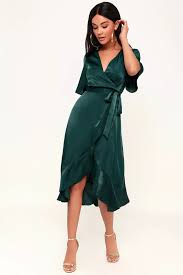 Wrapped Up In Love Dark Green Satin Faux Wrap Midi Dress Dark Green Bridesmaid Dress Dark Green Dress Satin Wrap Dress